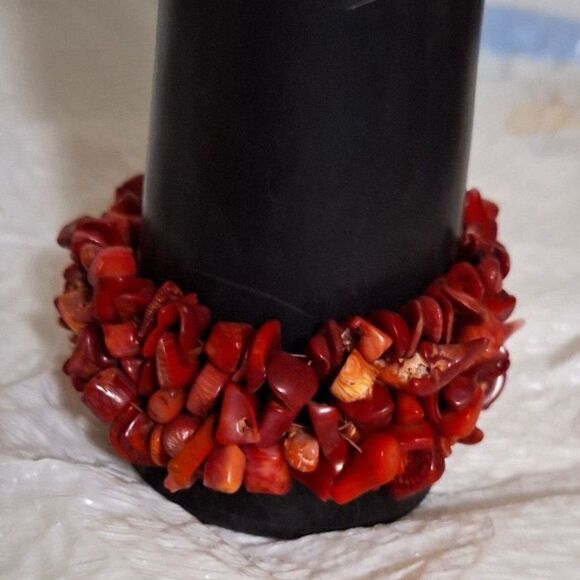 A Red Coral Women's Bracelet Bangle Cuff Beachy Boho Coastal Tropical Chunky - Picture 1 of 8